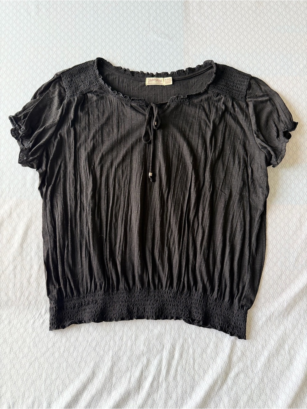 Faded Glory Black Short Sleeve Peasant Top with Tie Neck